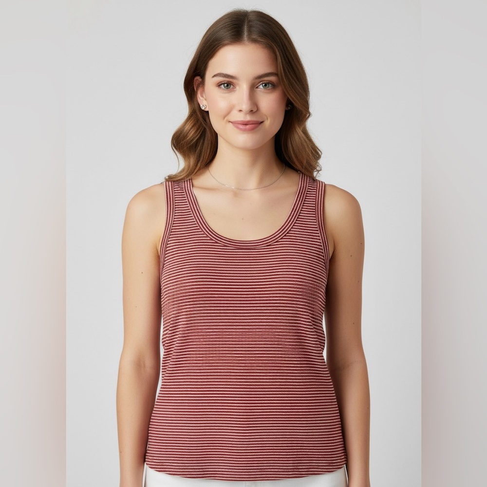 NWT Tahari Linen Striped Tank Top Neutral Casual Boho Coastal Chic Preppy Top M